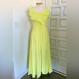 Anthropologie Sundress Lime Yellow Smocked Gauze Criss-cross Dress Flaw Sz Large